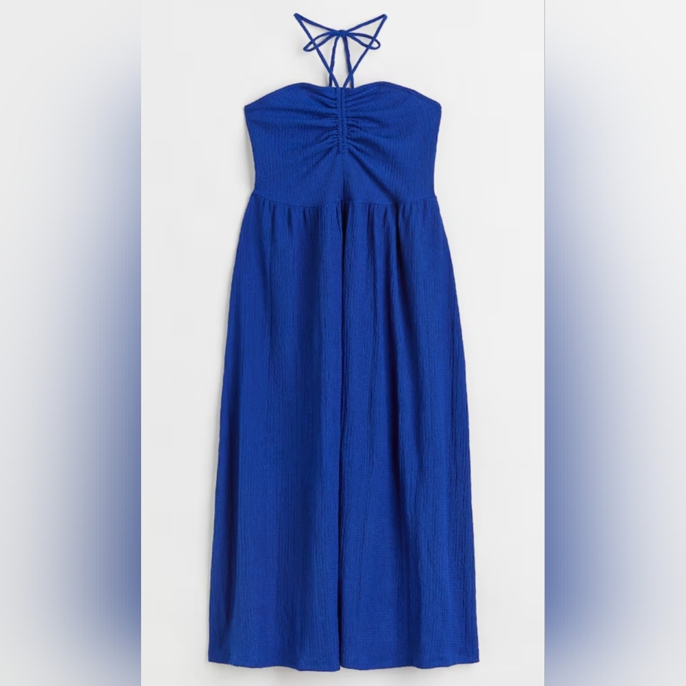 H&M Blue Crinkled Drawstring Halter Neck Flowly Dress, Size S